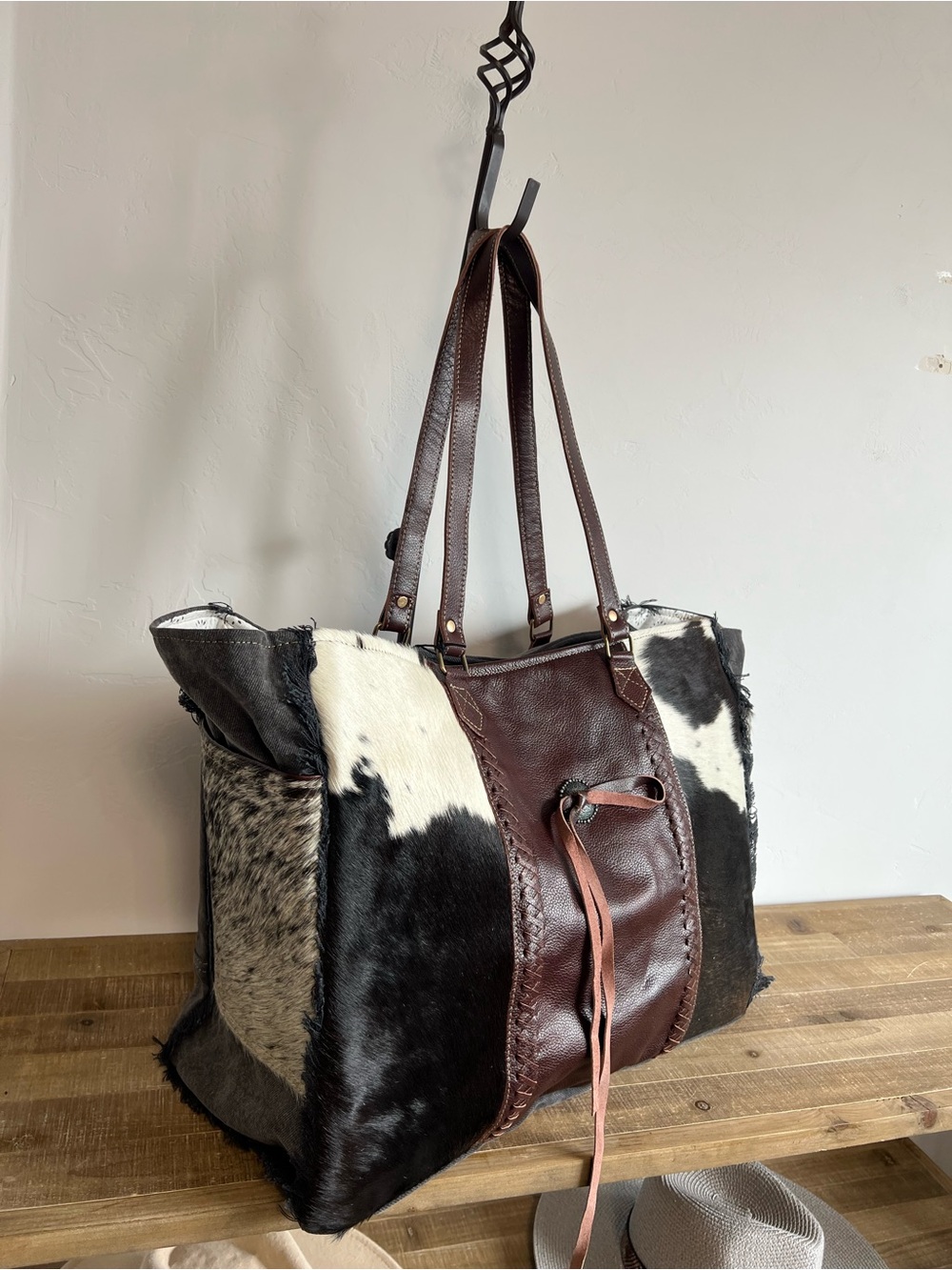 Myra Bag Cowhide Weekender Tote Overnight Leather Western Boho Shoulder Carry-on - Picture 8 of 13